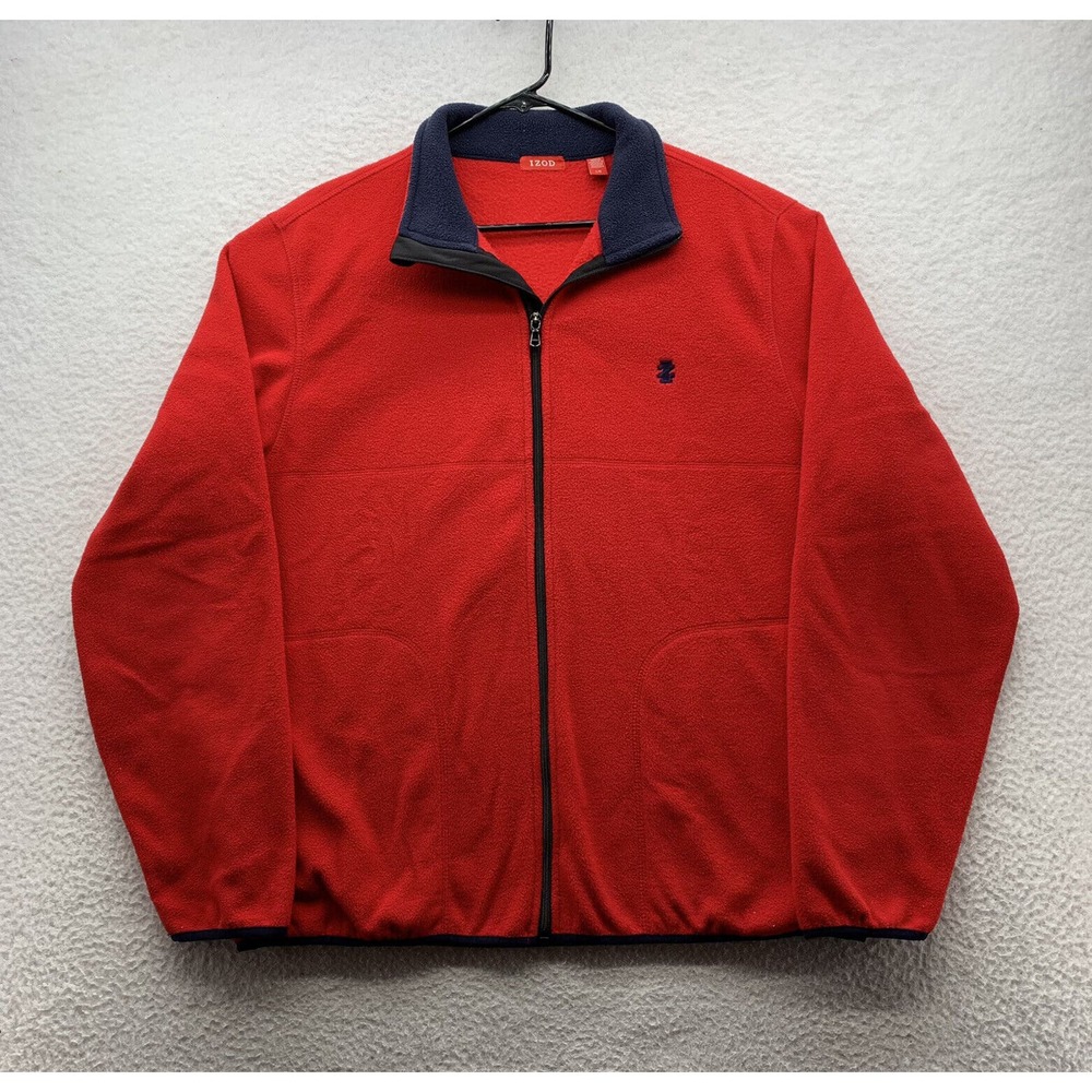 Izod Fleece Jacket Mens Large Full Zip Red‎ Navy Blue Preppy Casual Winter Dad